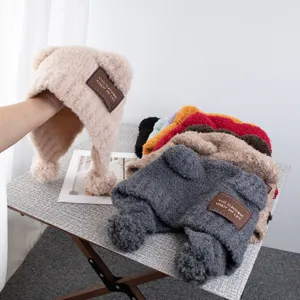 Cute Bear Ear Plush Knitted Hat For Women Winter Warm Ear Protection Pom Pom Pullover Hat Japanese Style Beanie Soft Headwear