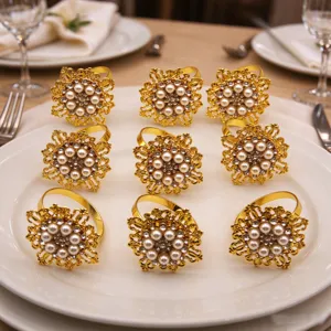 Hollow Floral Alloy Artificial Pearl Napkin Rings Rhinestone Inlaid Napkin Buckle For Wedding Banquet Party Table Decoration Hotel Electroplated Metal Napkin Rings