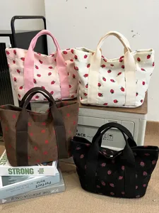 Women Korean Style Corduroy Strawberry Print Tote Bag Fashion Casual Large Capacity Handbag Versatile Student Shopping Shoulder Bag