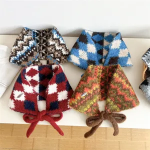 Womens Knit Argyle Plaid Neck Warmer Scarf Autumn Winter Thick Warm Korean Style Knitted Scarf Soft Neck Guard Accessory