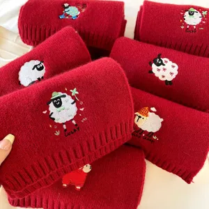 Pure Wool Knitted Scarf With Cute Cartoon Sheep 3D Embroidery Warm Winter Red Shawl For Women Men Versatile Thick Scarf