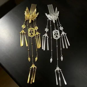 Vintage Chinesischer Stil Schmetterling Quaste Haarkamm Exquisite Legierung Gold Silber Plattiert Hängende Haarnadel Hanfu Xiuhe Hochzeit Haarschmuck Für Frauen