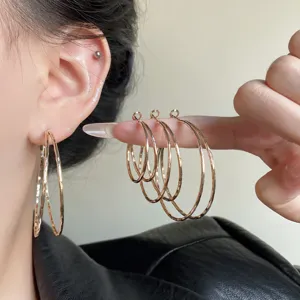 Elegant Korean Style Intertwined Double Hoop Earrings For Women Copper 925 Sterling Silver Post Gold Hammered Texture Jewelry
