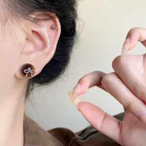 Vintage Maillard Tiger Eye Stone Bowknot Stud Earrings For Women Light Luxury Retro Copper Earrings With 925 Sterling Silver Post