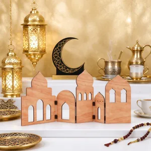 Creative Wooden Folding Screen Desktop Decoration Islamic Mosque Silhouette Ramadan Eid Mubarak Tabletop Ornament Gift