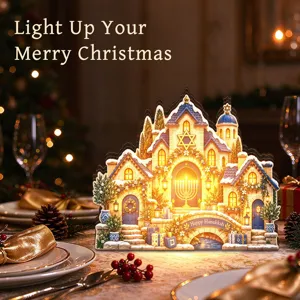 Ξύλινο Φωτιζόμενο Διακοσμητικό Hanukkah LED Μενορά Άστρο του Δαυίδ 3D Κτίρια Πόλης Επιτραπέζιο Εορταστικό Φωτιστικό Δώρο Σπιτιού