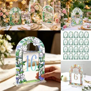 Elegant Acrylic Arch Table Numbers Stained Glass Style Floral Ivy Pattern Wedding Banquet Event Party Table Decor With Stand