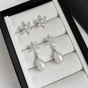 Eleganti Orecchini a Pendente a Fiocco di Neve con Strass per Donna Con Perla Artificiale Goccia d'Acqua Perno Argento Sterling 925