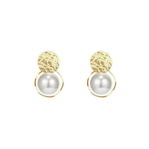 Geometric Irregular Copper Hammered Stud Earrings With 925 Sterling Silver Earring Post Gold Artificial Pearl Drop Earrings Jewelry For Women