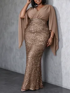 Women Elegant Deep V Neck Sequin Chiffon Patchwork Evening Gown Cape Sleeve High Waist Maxi Dress Banquet Party Formal Dress