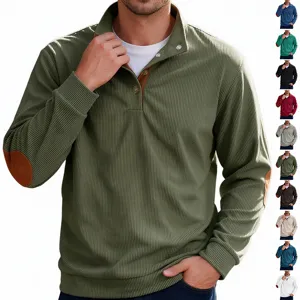 Men Long Sleeve Corduroy Sweatshirt With Button Henley Collar And Contrast Elbow Patches Retro Casual Pullover Top