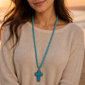 Bohemian Turquoise Beaded Cross Pendant Necklace For Women Retro Handmade Stone Religious Prayer Long Sweater Chain Jewelry