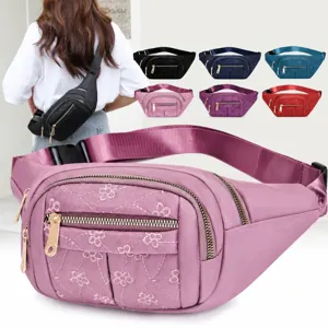 Marsupio Sportivo da Donna in Nylon a più Strati Borsa da Petto Casual Ricamo Floreale Borsa a Tracolla