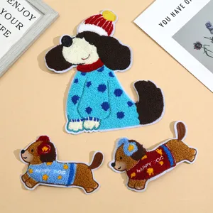 Cute Dachshund Dog Chenille Embroidery Patch Cartoon Animal Towel Embroidered Applique For Clothing Repair Jacket DIY Decoration