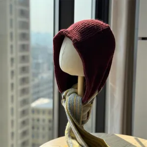 Fashion Knitted Balaclava Hat For Women Winter Warm Hooded Scarf Integrated Color Block Striped Windproof Neck Protector Head Cover
