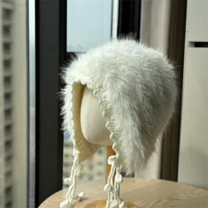 Dames Nepbont Pluche Gebreide Muts Winter Warm Oorbescherming Kantrand Strikje Trapper Muts Mode Effen Kleur Russische Oesjanka Stijl Muts
