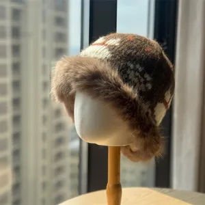 Women Winter Fair Isle Jacquard Knit Beanie Hat With Artificial Plush Trim Warm Fleece Lined Fisherman Hat For Cold Weather