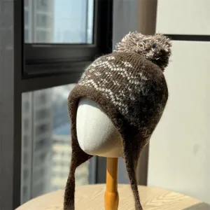 Damen Strickmütze Winter Bommelmütze Mit Ohrenklappen Jacquard Schneeflocken Muster Warme Beanie Für Kaltes Wetter Kopfbedeckung