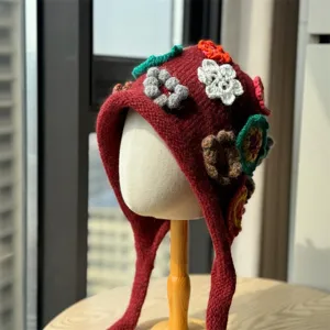 Gorro de Punto Floral Étnico Vintage para Mujer Con Solapas para Las Orejas y Lazos Gorro de Lana de Ganchillo Cálido