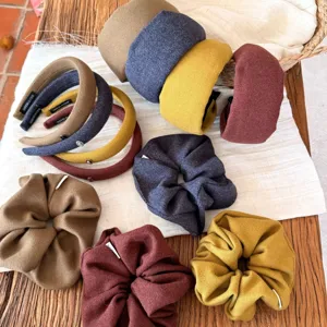 Ensemble de Chouchou en Tricot Fait à la Main et Serre-tête en Tissu pour Femmes Accessoires de Cheveux Style Coréen Vintage pour Queue de Cheval Automne Hiver