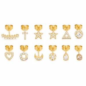 Mode Geometrische Zirkonia Ohrstecker Für Damen Stern Mond Herz Kreuz Form Gold Silber Beschichtetes Kupfer Kleine Ohrringe Schmuck Geschenk