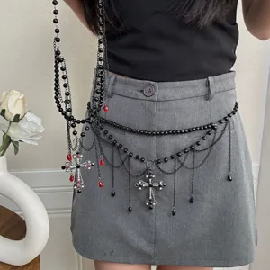 Chaîne de Taille Croix Gothique à Glands pour Femmes Ceinture Perlée Multi-Rangs Rétro avec Strass et Perle Artificielle