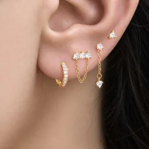 Brass Rhinestone Stud Earrings For Women Hip Hop Tassel Geometric Earring Set Personalized Street Style Jewelry Gift