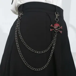 Punk Gothic Skull Trouser Chain For Jeans Alloy Double Layer Rhinestone Waist Chain Hip Hop Pendant Pant Chain Women Men
