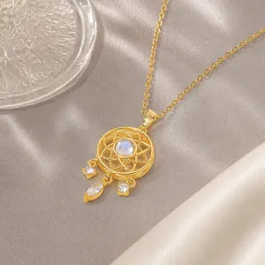 Stainless Steel Dream Catcher Necklace Gold Plated Rhinestone Inlaid Feather Tassel Pendant Clavicle Chain Jewelry For Women