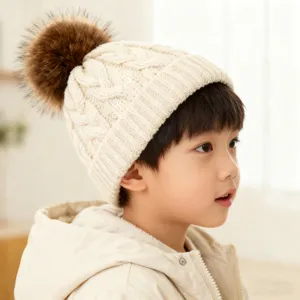 Kinder Winter Warm Zopfmuster Strickmütze Mit Großem Kunstpelz Pompon Dicke Acryl Pullover Beanie Für Mädchen Jungen