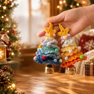Handmade Crochet Christmas Tree Ornament Yarn Tiered Hanging Decor With Metal Bell Colorful Pom Pom For Tree Car Home