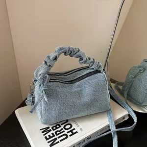 Women Korean Niche Denim Ruched Handle Shoulder Bag Niche Design Washing Denim Crossbody Bag Casual Small Square Bag With Stitching Detail