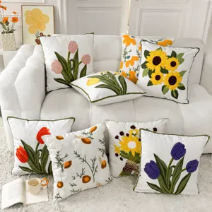 Housse de Coussin Brodée de Fleurs Style Nordique Housse de Coussin Décorative en Coton pour Salon Sofa Chambre Décoration