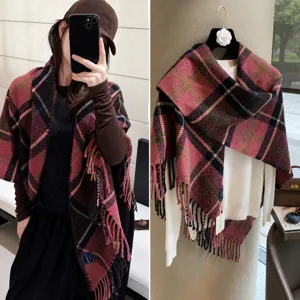 Damen Vintage Karo Fransen Dreieckstuch Wolle Warm Herbst Winter Kontrast Kariert Quasten Schal Wickeltuch Komfortabler Halstuch