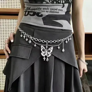 Holle Vlinder Tailleketting voor Dames Zoet Cool Kruis Waterdruppel Strass Hanger Punk Gothic Metalen Lichaamsketting Riem Accessoire