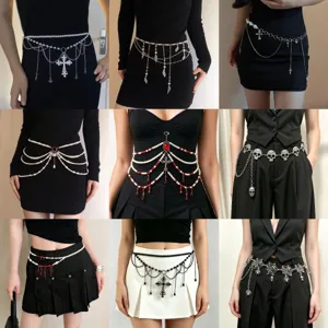 Gothic Artificial Pearl Cross Waist Chain For Women Halloween Dark Style Tassel Bead Body Chain Belt Jewelry Accessories