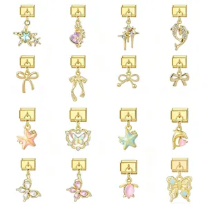 Gold Stainless Steel Italian Charm Dangle Bracelet Links For Women DIY Marine Starfish Dolphin Turtle Butterfly Zirconia Artificial Pearl Modular Jewelry Charms
