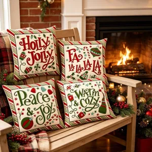 Christmas Cushion Cover Red Green Slogan Printed Peach Skin Throw Pillowcase Cartoon Candy Cane Holiday Home Decor