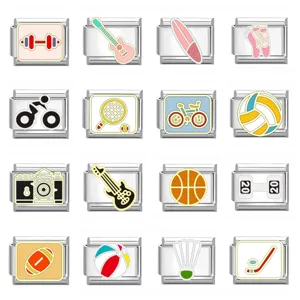 Titanium Steel Italian Charm Links For DIY Bracelet Jewelry Making Sports Dumbbell Guitar Basketball Tennis Camera Patterns Modular Link Accessory