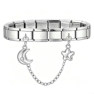 Italian Charm Bracelet Stainless Steel DIY Modular Link Bracelet Star Moon Butterfly Paw Print Dangle Charms Rhinestone Jewelry Women