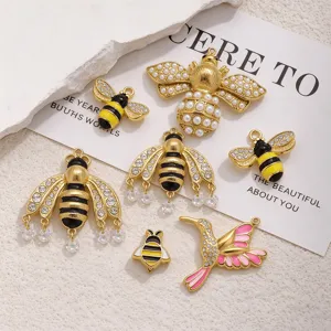 Dijes de Acero Inoxidable de Abeja y Colibrí Strass Esmalte Colgante Insecto Para DIY Pulsera Collar Creación Accesorios de Joyería de Perla Artificial