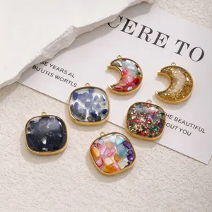 Stainless Steel Moon Square Pendant Charms With Inlaid Resin Natural Stone Foil DIY Necklace Jewelry Making Accessories For Women