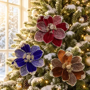 Velvet Glitter Artificial Christmas Poinsettia Flower Stem Sequin Simulation Floral Picks For Christmas Tree Holiday Garland DIY Decor Ornaments