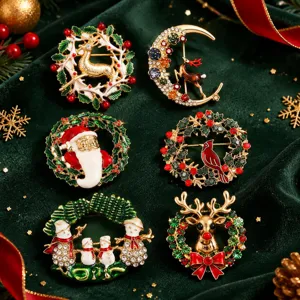 Weihnachtskranz Brosche Legierung Strass Emaille Rentier Schneemann Weihnachtsmann Mode Schmuck Festliche Reversnadel Geschenk Für Damen