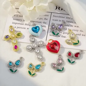 Legering Glas Tulp Hart Kruis Hanger DIY Sieraden Maken Strass Bedeltje Verguld Metalen Accessoire Voor Ketting Armband