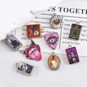 Pendentif Charm Gothique Halloween en Alliage Citrouille Fantôme Squelette Chauve-souris Château Coeur Oeil Bijoux DIY Collier Accessoire Fête