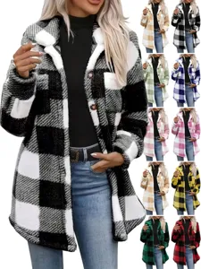 Women Plaid Fleece Jacket Mid-Length Lapel Button Down Shacket With Pockets Casual Loose Warm Teddy Coat Outerwear For Autumn Winter