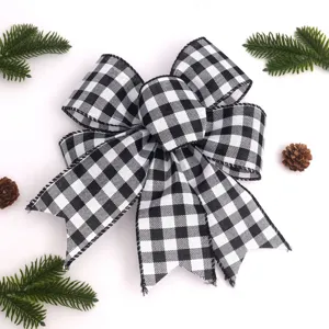 Black White Buffalo Plaid Christmas Bow For Christmas Tree Wreath DIY Decoration Imitation Linen Swallowtail Plaid Ribbon Bowknot Holiday Party Gift Wrap Accessories