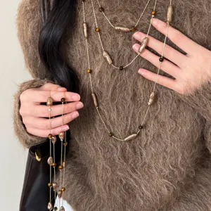 Maillard Tiger Eye Stone Artificial Pearl Long Sweater Necklace For Women Vintage Gold Brown Beaded Layering Chain Fashion Accessories
