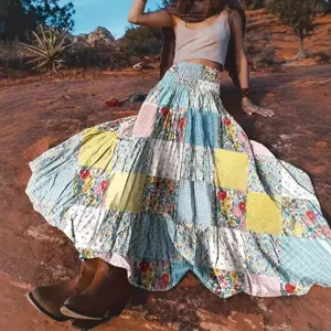 Gonna Lunga Maxi Donna Boho Patchwork Floreale Vita Alta Arricciata Vacanza Fluida Poliestere Gonna a Trapezio Abbigliamento Casual